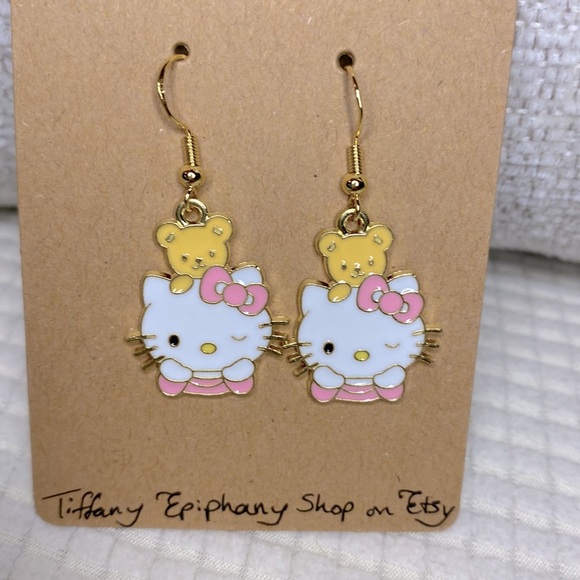 Pink Hello Kitty Inspired Winking Hello Kitty w/ Teddy Earrings NWT - Picture 3 of 3